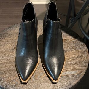 Pointed Toe Black Leather Ankle Boots with Contrast Trim